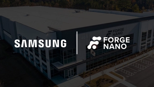 Aerial view of the Forge Nano building with Samsung and Forge Nano branding overlaid on a dark background