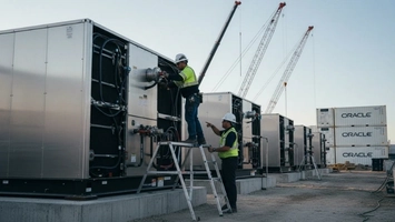 Worker on stepladder connecting cables to a large industrial energy unit while colleague directs on site